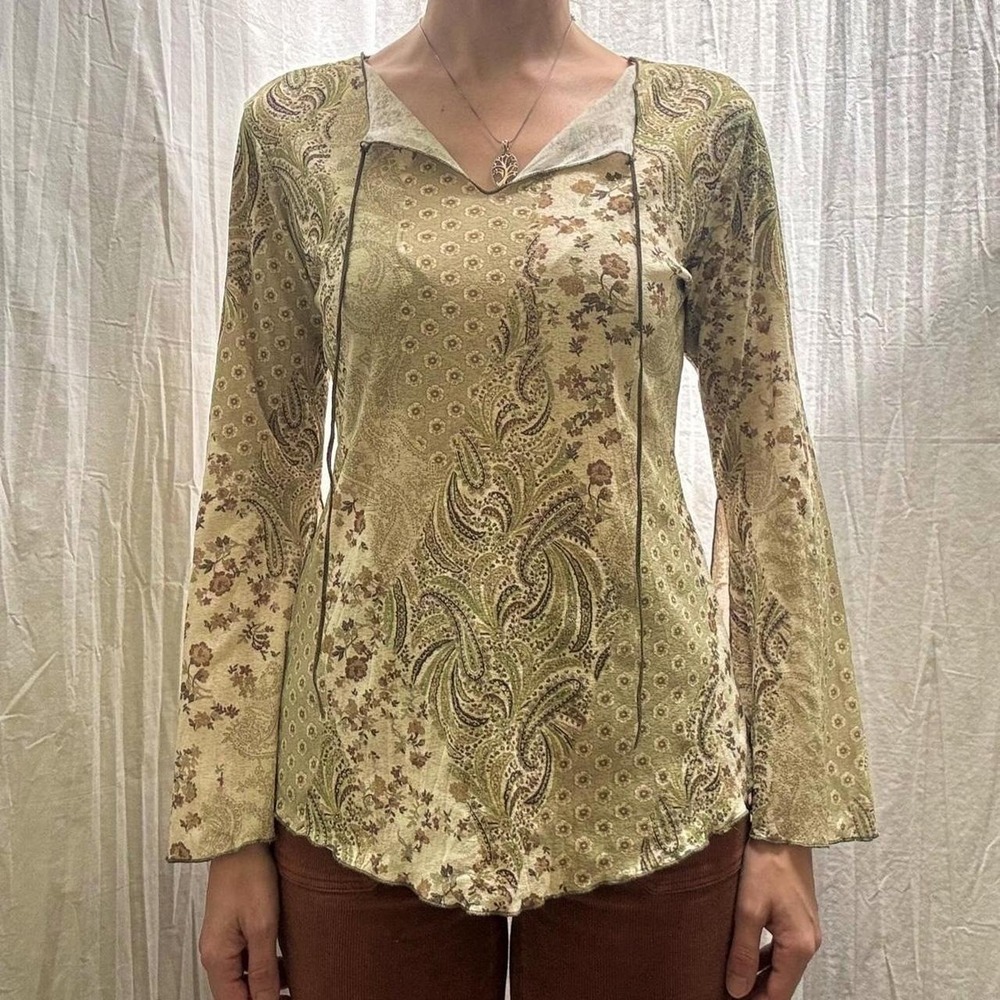 Green Paisley Bell Sleeve Los Angeles Apparel Top VTG Y2K Boho Hippie Witchy S/M